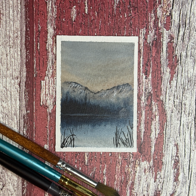 ACEO Watercolor, Landscape, Original, Marsh, “Mountain Cabin”, 3.5x2.5in, By Lark Watercolor aceo art card thumbnail 3
