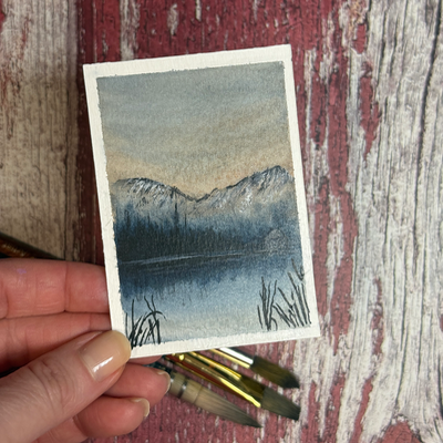 ACEO Watercolor, Landscape, Original, Marsh, “Mountain Cabin”, 3.5x2.5in, By Lark Watercolor aceo art card thumbnail 2