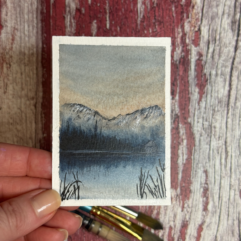 ACEO Watercolor, Landscape, Original, Marsh, “Mountain Cabin”, 3.5x2.5in, By Lark Watercolor aceo art card