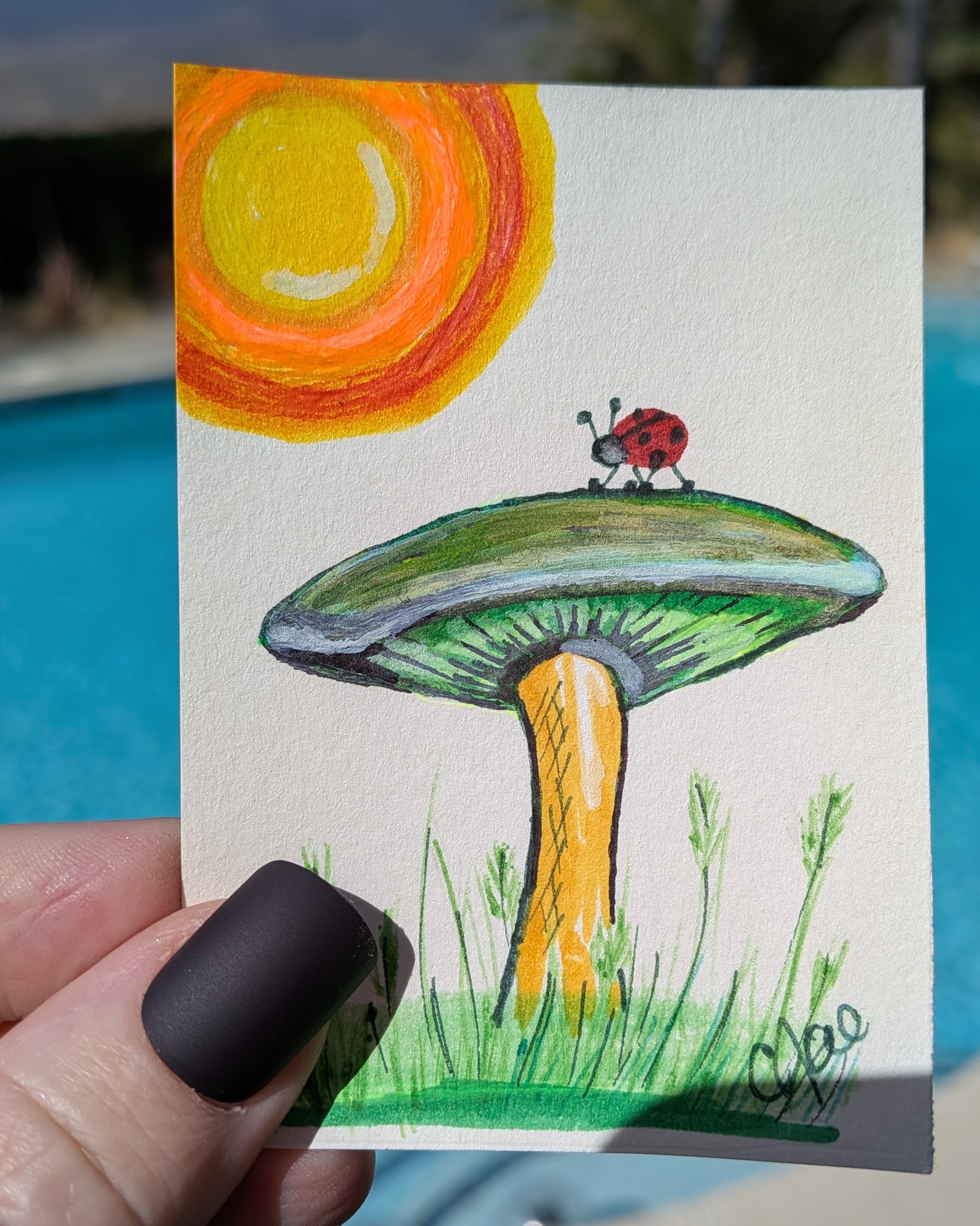 Sunny Stroll | Ladybug on Mushroom Original ACEO aceo art card