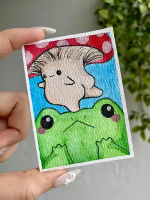 Frog and Mushroom Boy aceo art card thumbnail 1