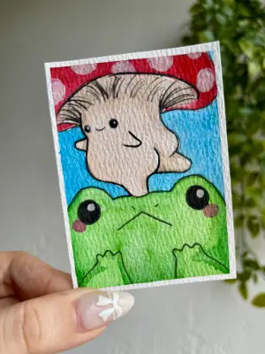 Frog and Mushroom Boy aceo art card thumbnail 2