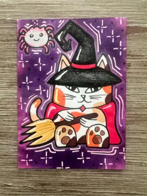 Cat in Witch Costume Original Art | Whimsical Halloween Cat Illustration | Calico Cat Artwork Signed aceo art card thumbnail 2
