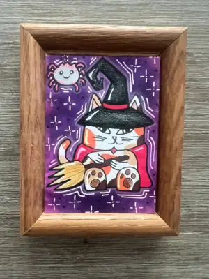 Cat in Witch Costume Original Art | Whimsical Halloween Cat Illustration | Calico Cat Artwork Signed aceo art card thumbnail 1