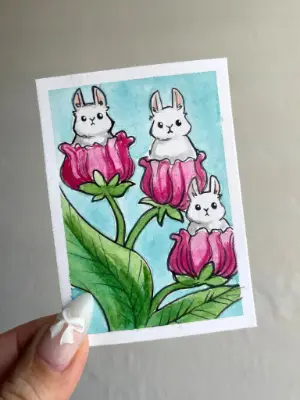 Bunny Blooms aceo art card thumbnail 1