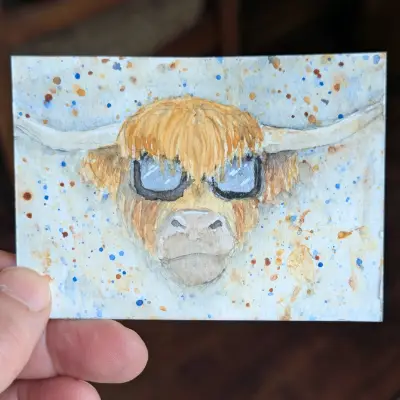 "Cool Cow" ACEO Original Watercolor Painting aceo art card thumbnail 2