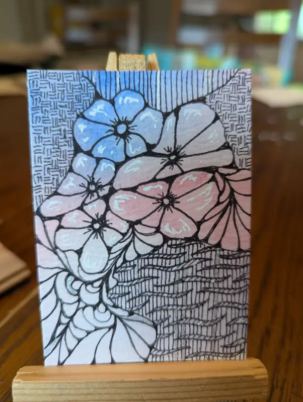 Original Design Handcrafted Pink and Blue Watercolor and Ink Abstract Floral Doodle Art ACOE Card aceo art card