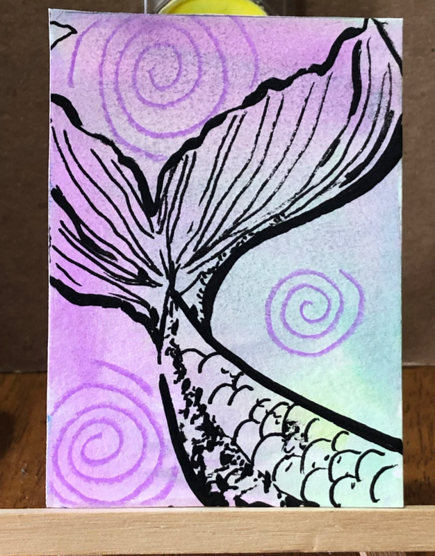 Mermaid Tail Siren Watercolors Whimsical Fantasy Illustration Multimedia Ink Ocean aceo art card
