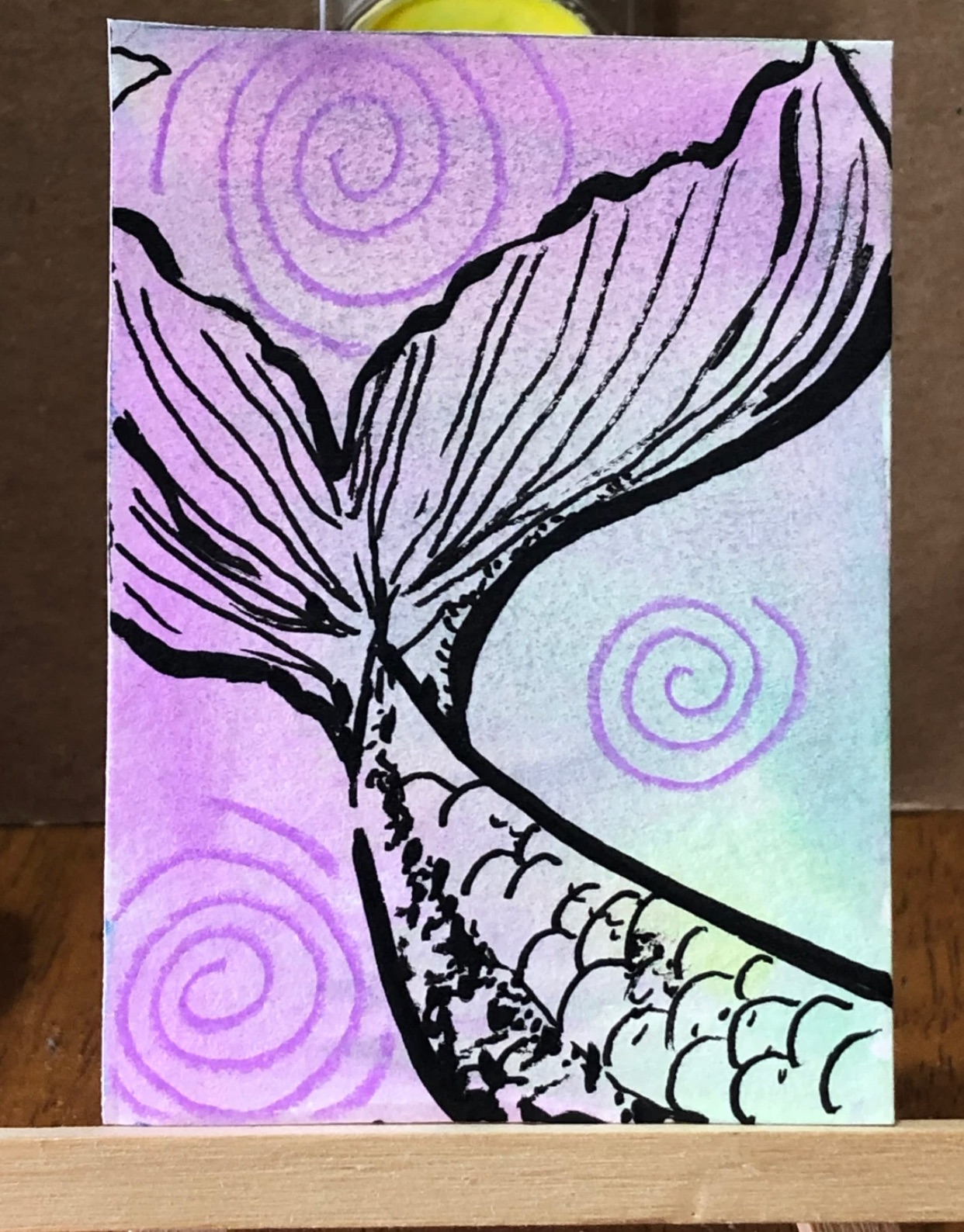 Mermaid Tail Siren Watercolors Whimsical Fantasy Illustration Multimedia Ink Ocean aceo art card