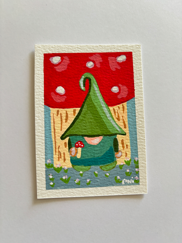 "Among the Mushrooms" Whimsical Gnome Tiny Art aceo art card