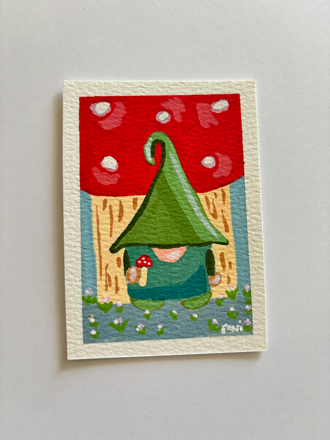 "Among the Mushrooms" Whimsical Gnome Tiny Art aceo art card