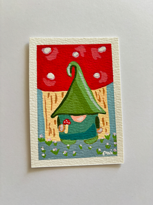 "Among the Mushrooms" Whimsical Gnome Tiny Art aceo art card thumbnail 1