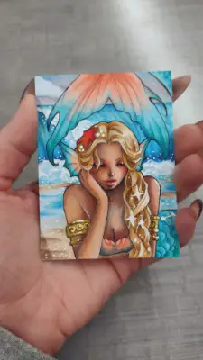 Where She Dreams of Waves - Original Mermaid ACEO aceo art card thumbnail 4