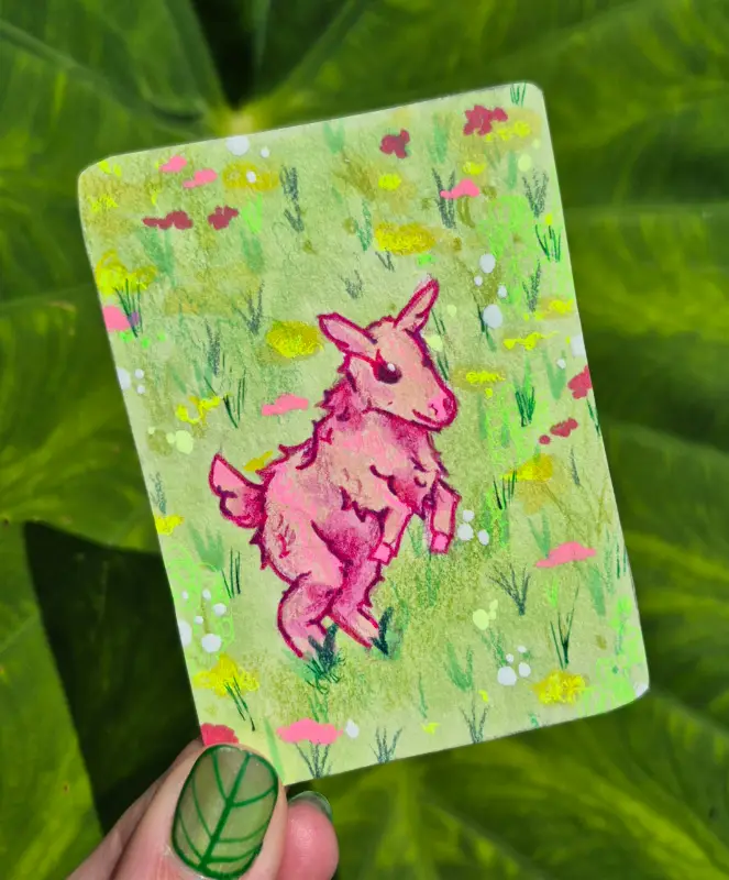 Baby goat in field of flowers aceo art card