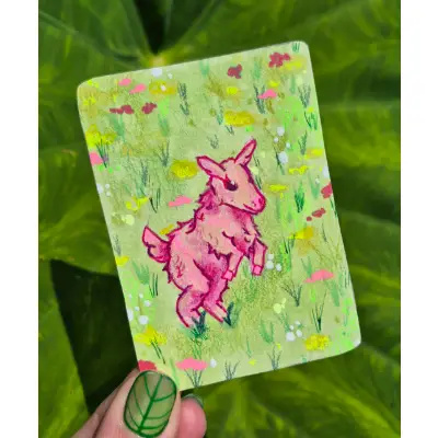 Baby goat in field of flowers aceo art card thumbnail 1