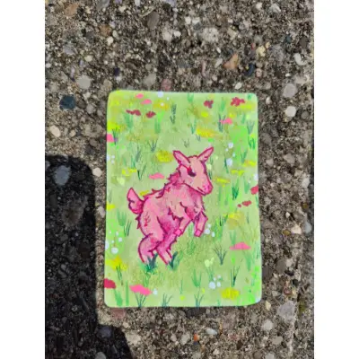 Baby goat in field of flowers aceo art card thumbnail 2