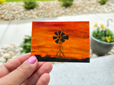 Windmill at Sunrise Landscape aceo art card thumbnail 1