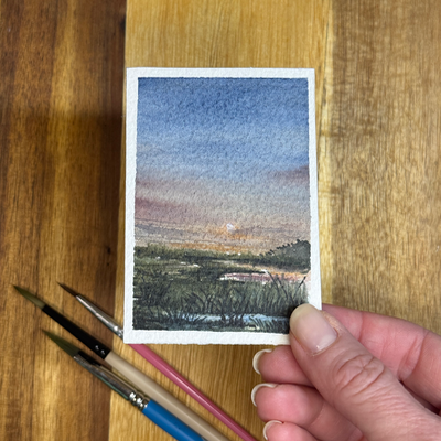 ACEO Watercolor, Landscape, Original, Marsh, “Marsh Night”, 3.5x2.5in, By Lark Watercolor aceo art card thumbnail 1