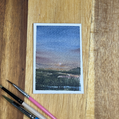 ACEO Watercolor, Landscape, Original, Marsh, “Marsh Night”, 3.5x2.5in, By Lark Watercolor aceo art card thumbnail 3
