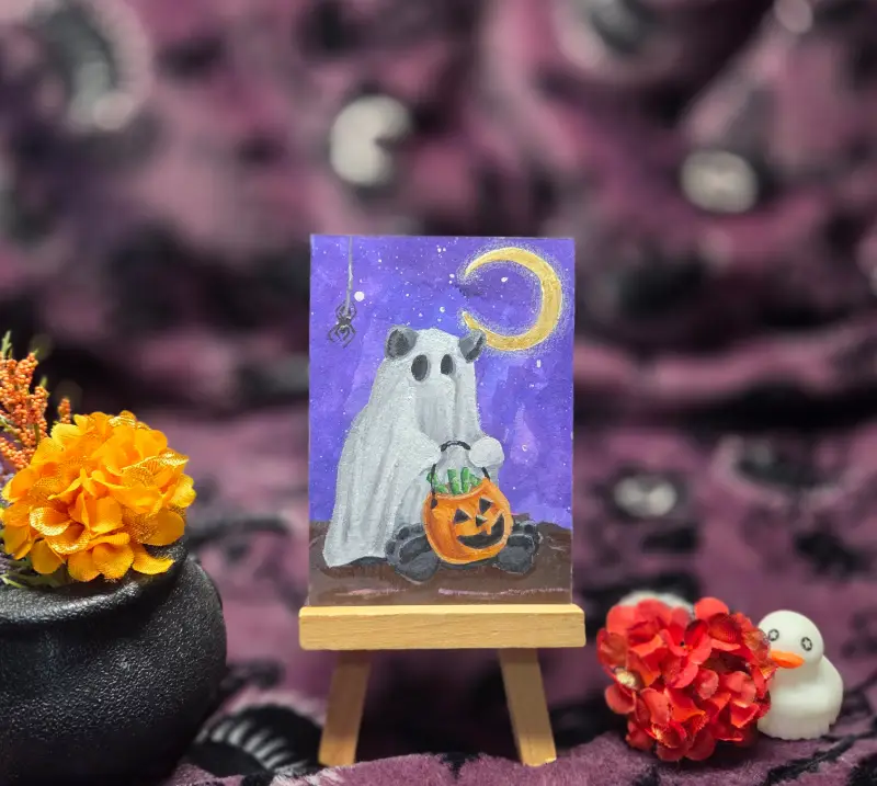 Critter Treat Series Part 6 of 9, Halloween Spooky Cute Panda Ghost aceo art card