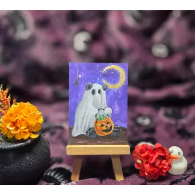 Critter Treat Series Part 6 of 9, Halloween Spooky Cute Panda Ghost aceo art card thumbnail 1