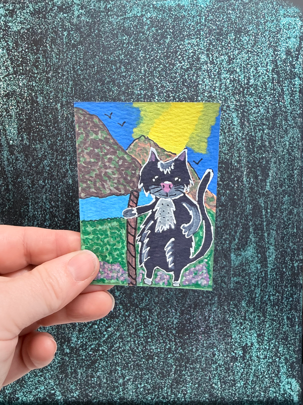 ACEO Original Art Cat on a Hike Mountains and Lake Elizabeth Durant Art aceo art card