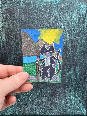 ACEO Original Art Cat on a Hike Mountains and Lake Elizabeth Durant Art aceo art card thumbnail 1