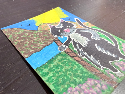 ACEO Original Art Cat on a Hike Mountains and Lake Elizabeth Durant Art aceo art card thumbnail 3