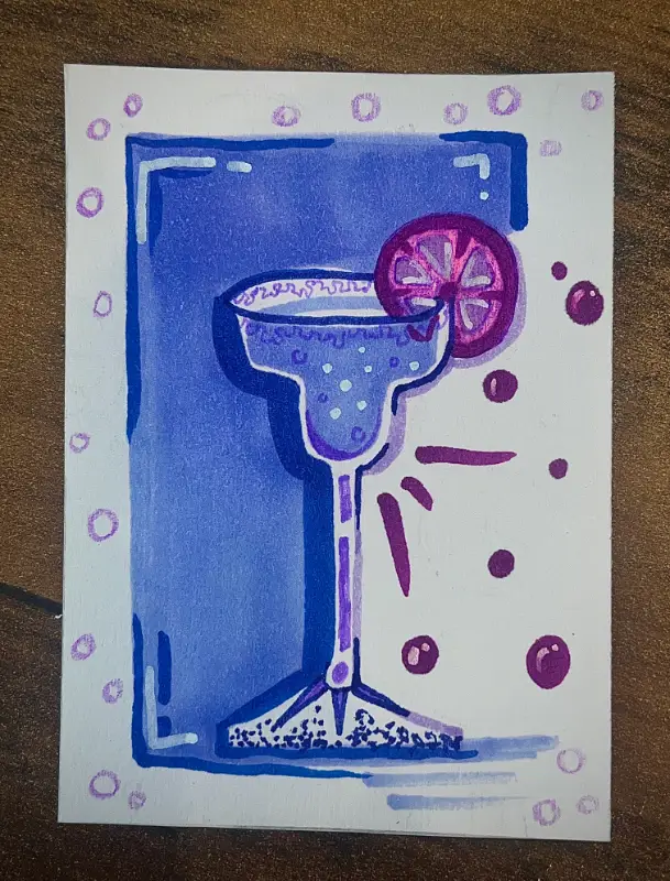 Purple Drinks Duo: Metallics Butterfly Bubbles Martini Art Cards Novagaleaceo aceo art card