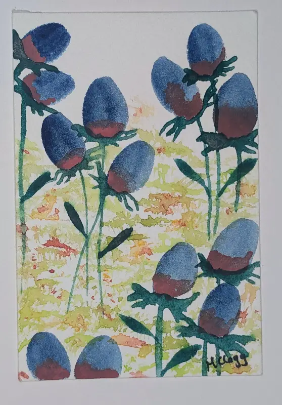 Scottish Thistle Wildflower FIeld aceo art card