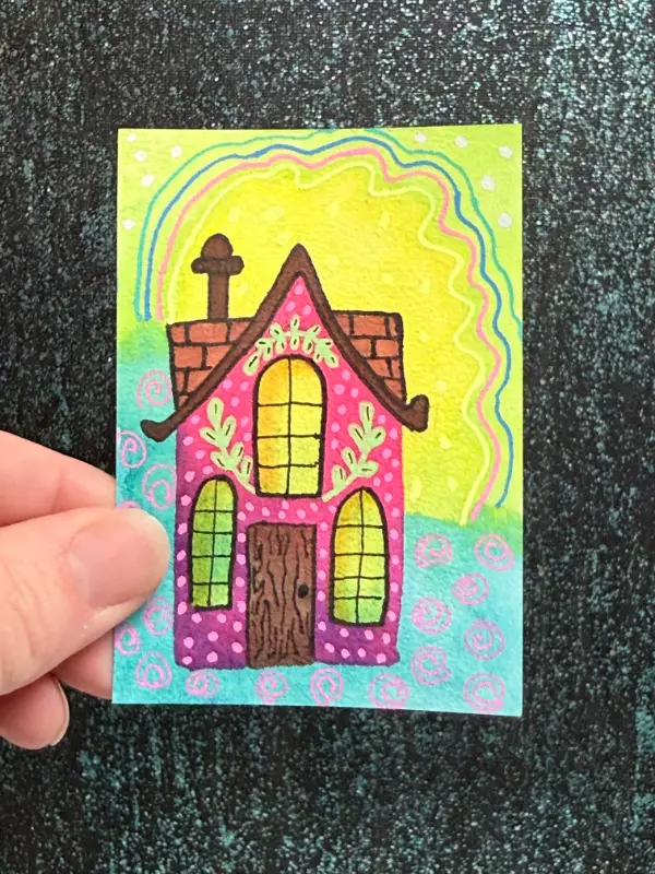 The Pink Cottage Fairy House aceo art card