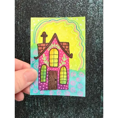 The Pink Cottage Fairy House aceo art card thumbnail 1