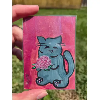 Bouquet Cat aceo art card thumbnail 1