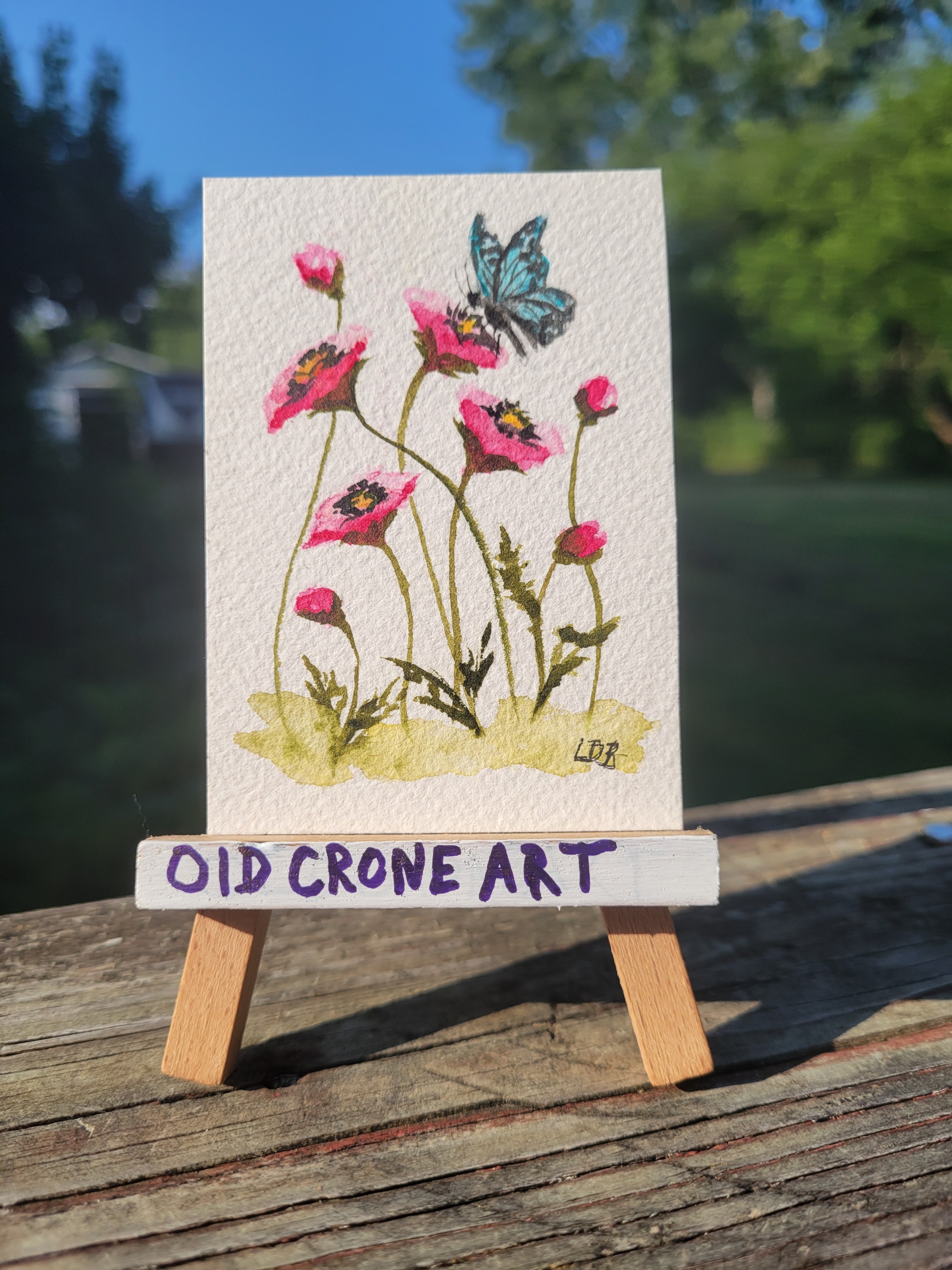 Butterfly Blue and Poppies Too aceo art card thumbnail 2