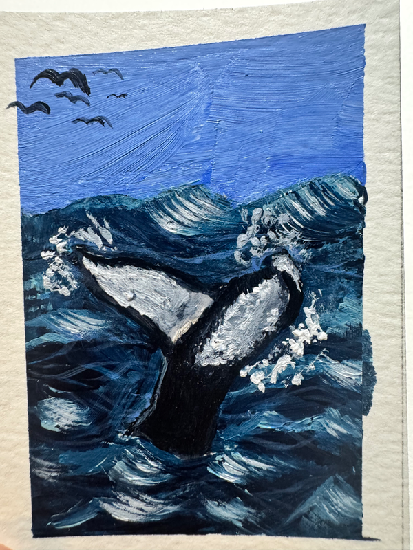 Humpback whale breaching water acrylic painting Ashley Leary ocean marine life orca sea life aceo art card