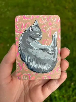 sleepy gray kitty with pink flowers aceo art card thumbnail 1