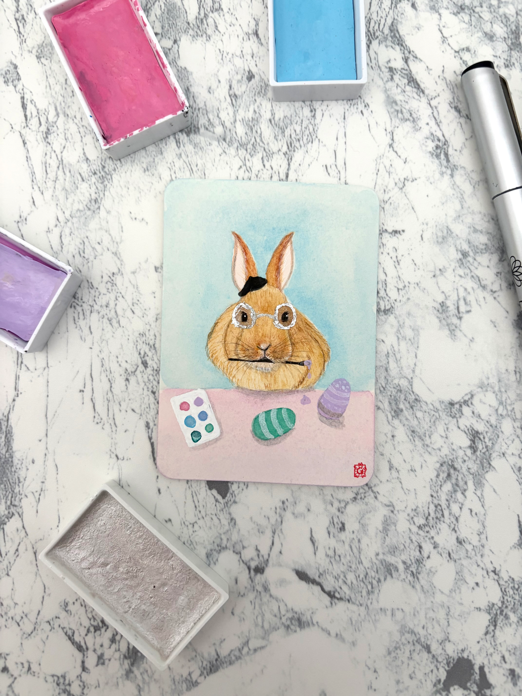 Bunny rabbit painter artist animal | la artist bunbun getting ready for easter watercolor painting aceo art card