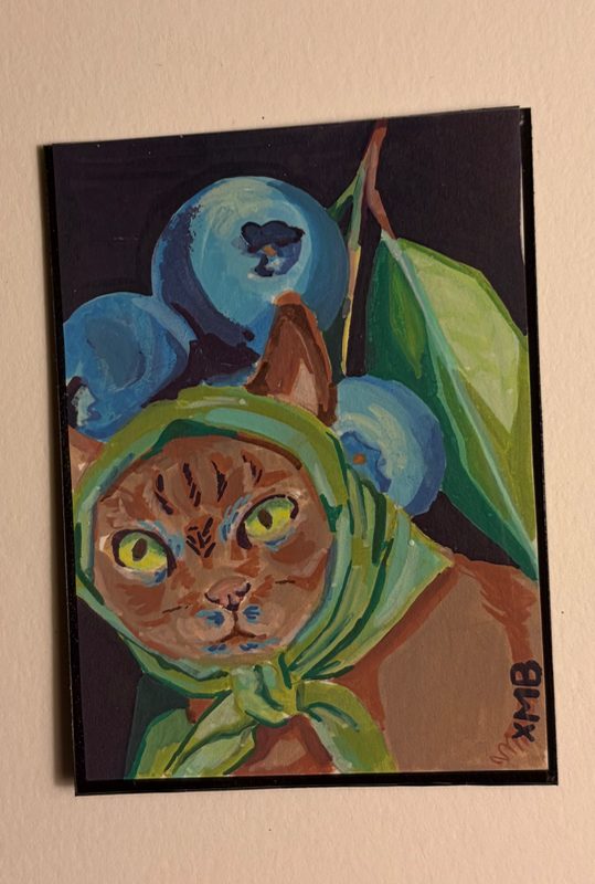 ACEO Silly Cat Farmer With Blueberries Original Art Card 2.5 x 3.5 aceo art card