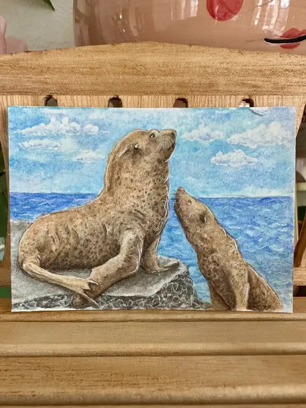 Look What I Can Do – Sea Lion & Pup ACEO Original Watercolor | Ocean Wildlife Mini Painting aceo art card