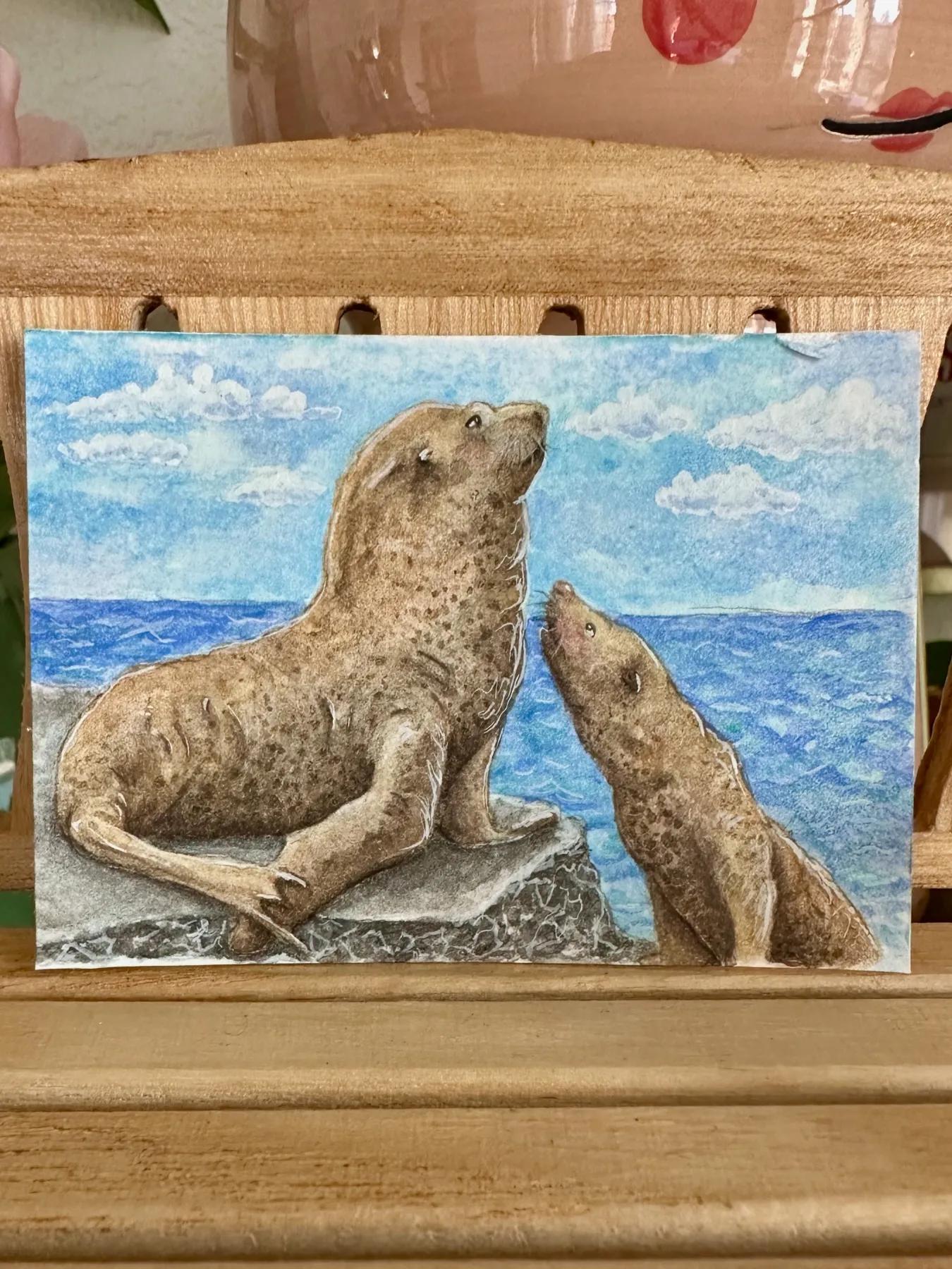 Look What I Can Do – Sea Lion & Pup ACEO Original Watercolor | Ocean Wildlife Mini Painting aceo art card
