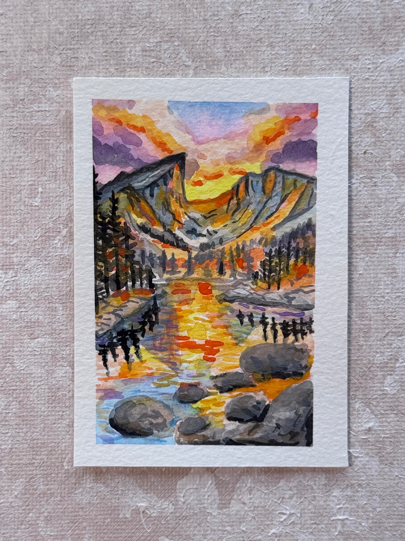 Dream Lake watercolor landscape, Colorado Rocky Mountain national Park ACEO, Cassandra aceo art card