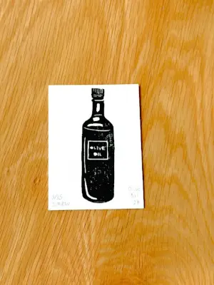 Olive Oil Hand-carved Rubber Stamp Block Print Mini ACEO aceo art card thumbnail 1