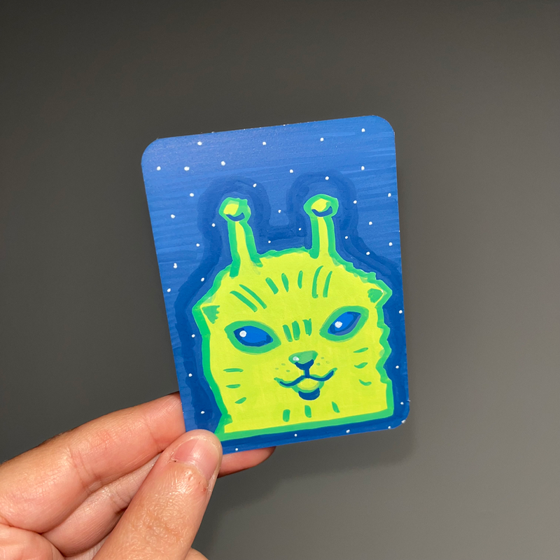 original aceo alien cat 1/3 green space stars aceo art card