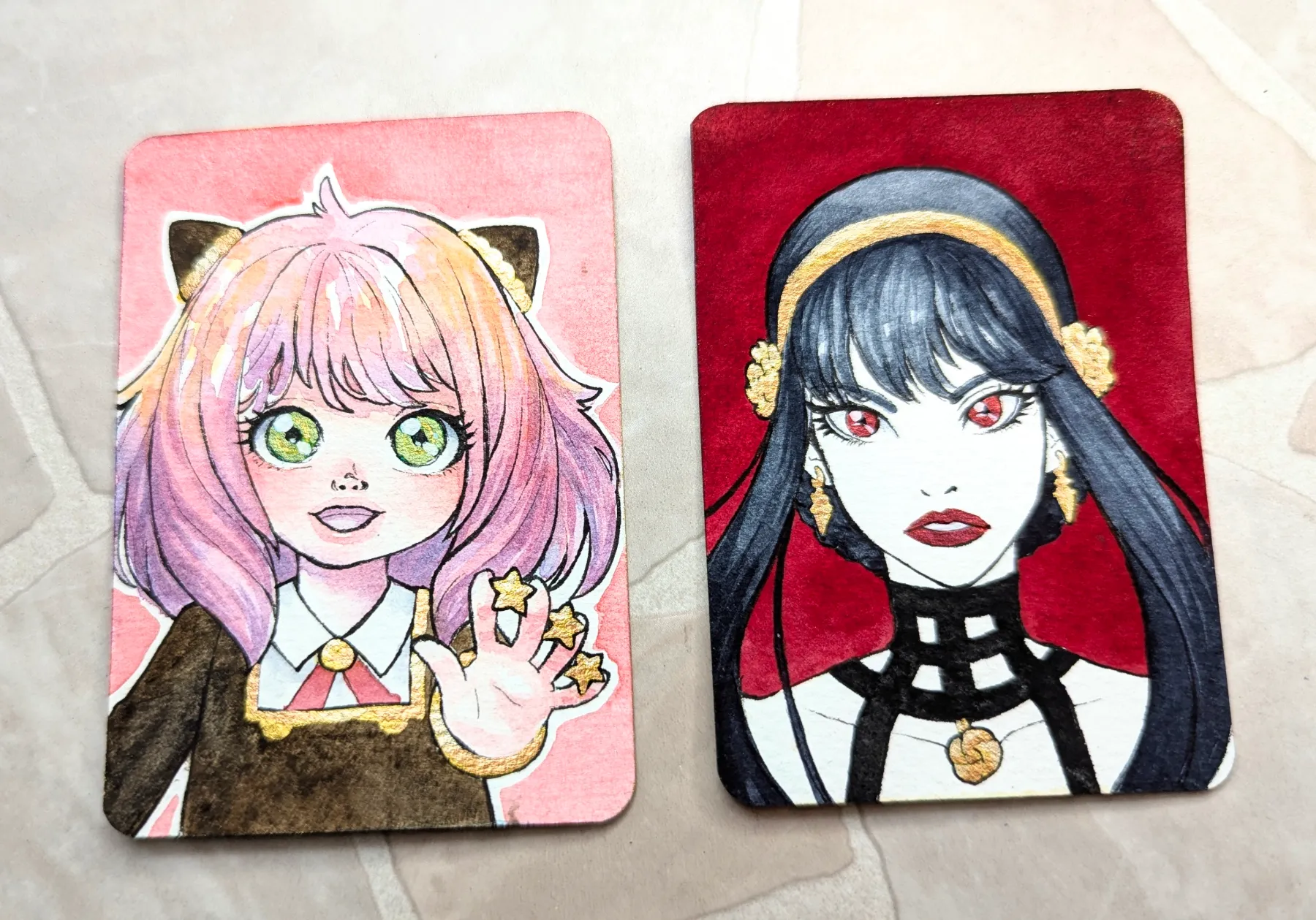 Set of 2 OOAK Character Portraits (Spy X Family) - Starlight Anya & Thorn Princess aceo art card