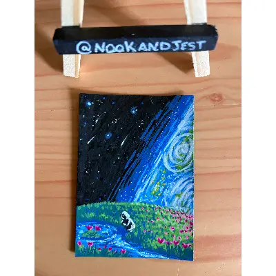 Two Worlds Collide - acrylic marker on black mixed media paper aceo art card thumbnail 2
