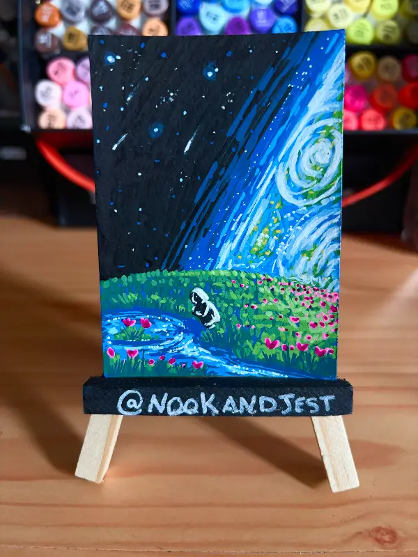 Two Worlds Collide - acrylic marker on black mixed media paper aceo art card