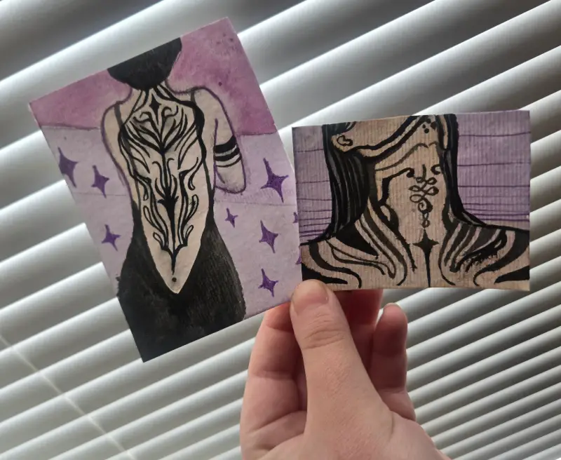 Tattoo inspired portrait watercolor paintings, set of 2 aceo art card