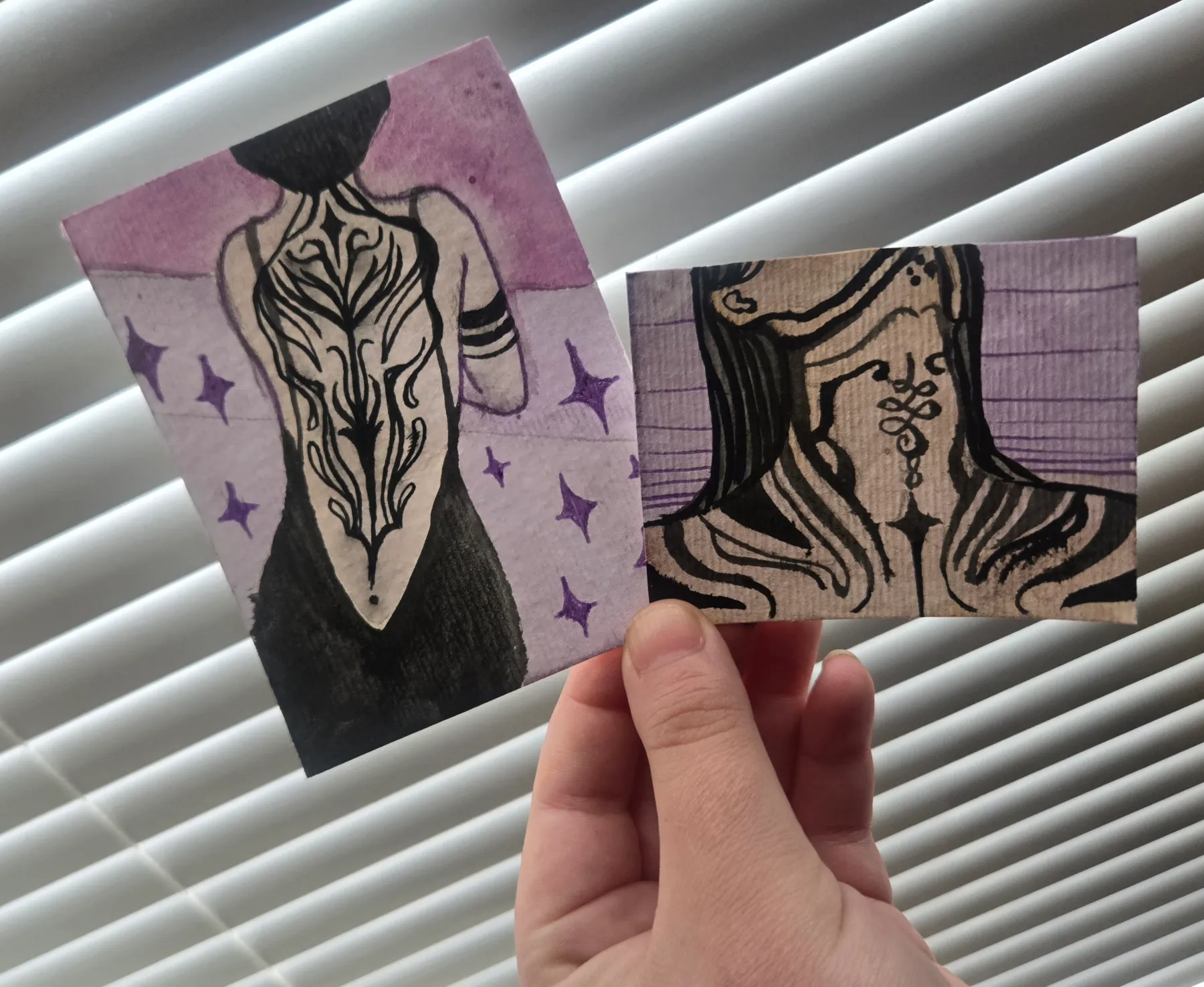 Tattoo inspired portrait watercolor paintings, set of 2 aceo art card