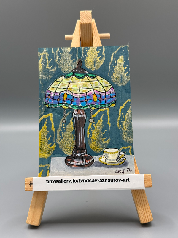 Lamp with Tea Original ACEO by Lyndsay Aznaurov aceo art card