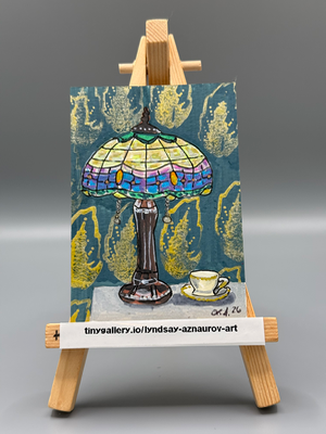Lamp with Tea Original ACEO by Lyndsay Aznaurov aceo art card thumbnail 1